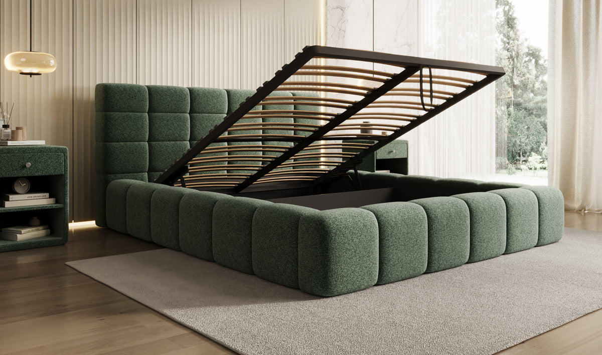 Designer upholstered bed Marshmallow in textured fabric with storage space