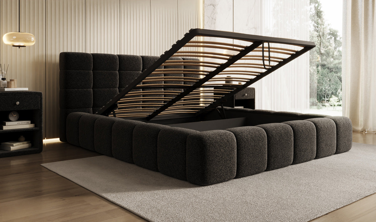 Designer upholstered bed Marshmallow in textured fabric with storage space