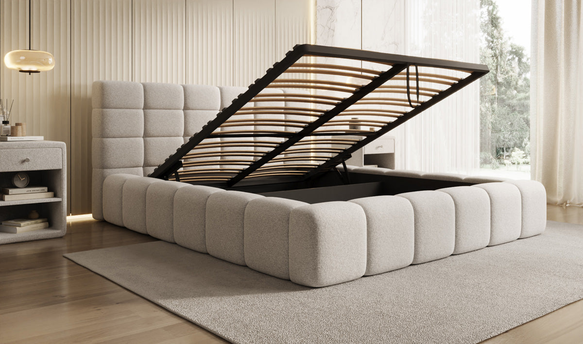Designer upholstered bed Marshmallow in textured fabric with storage space