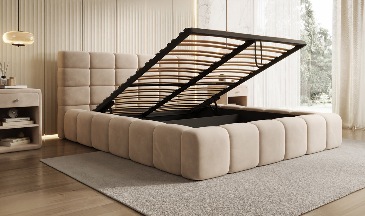 Designer Upholstered Bed Marshmallow in Velvet with Storage Space