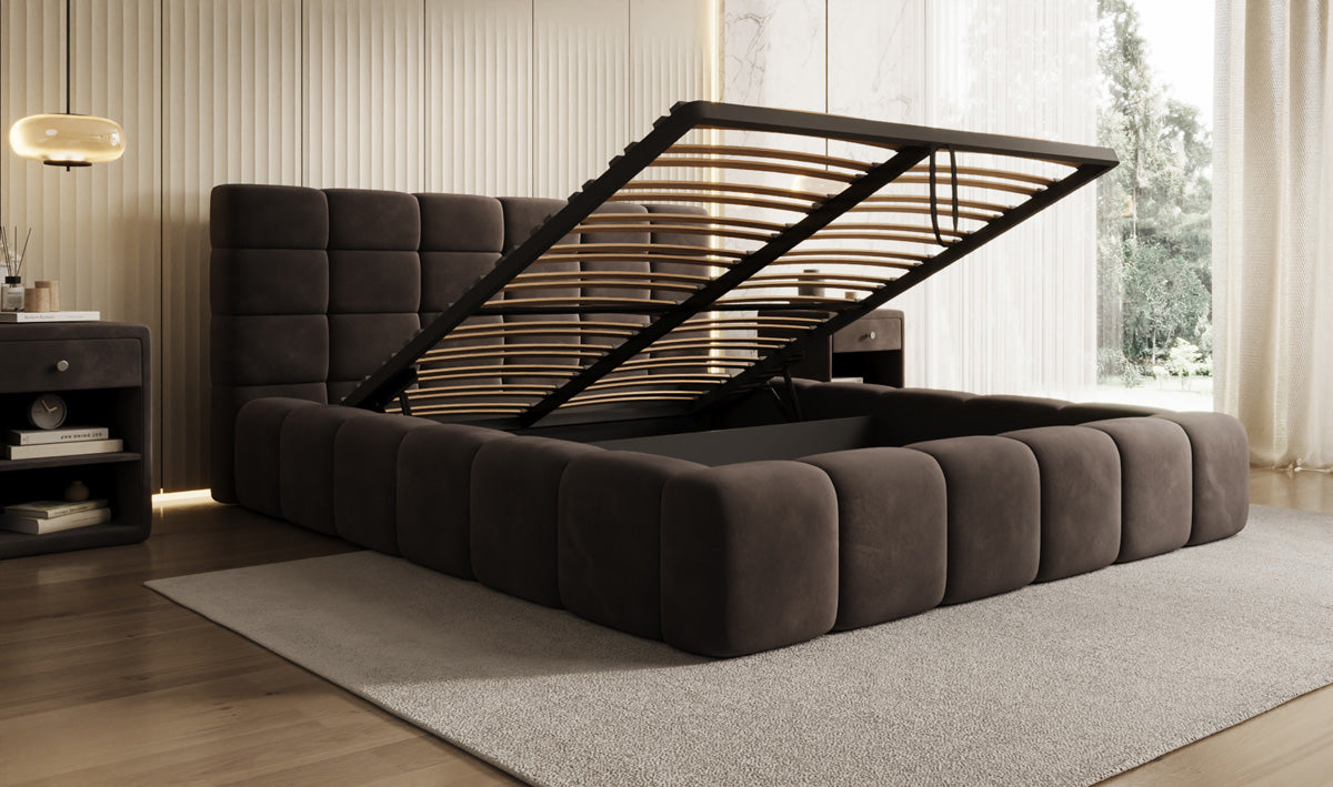 Designer Upholstered Bed Marshmallow in Velvet with Storage Space