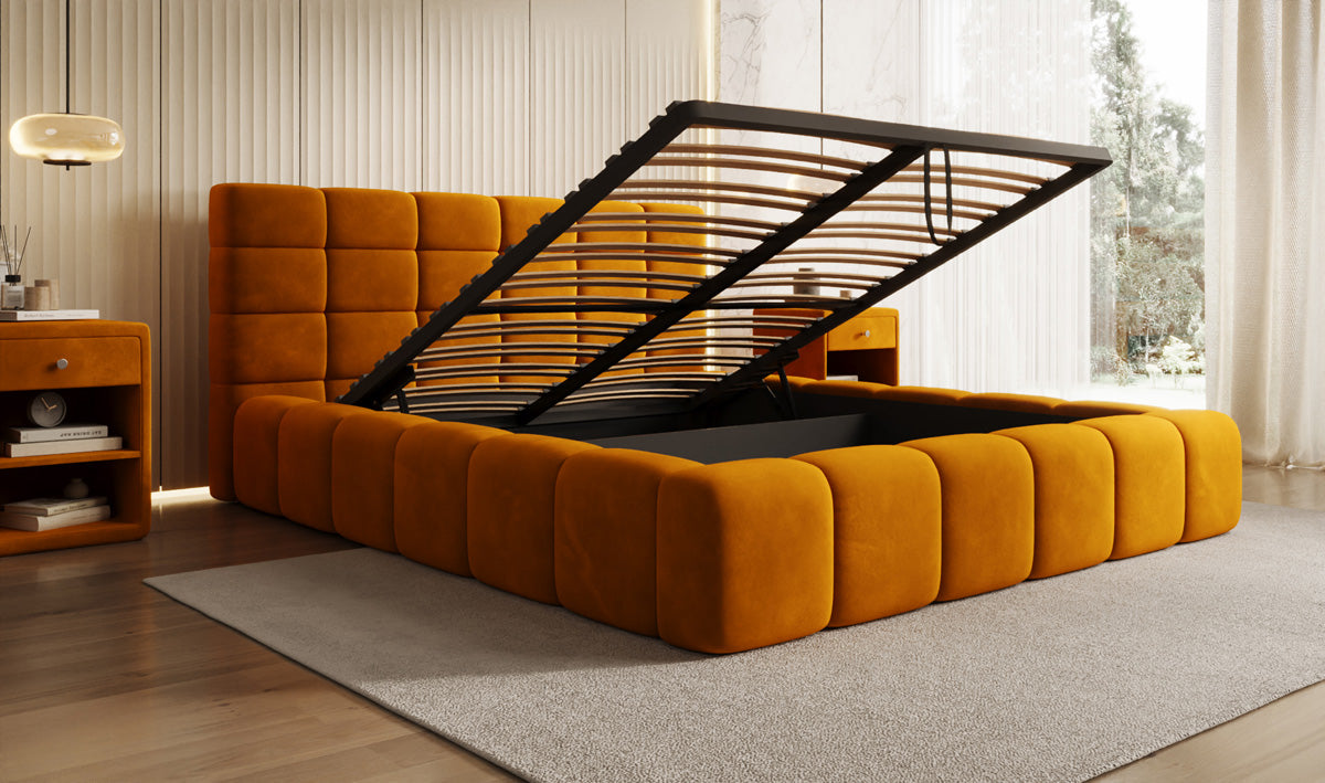 Designer Upholstered Bed Marshmallow in Velvet with Storage Space