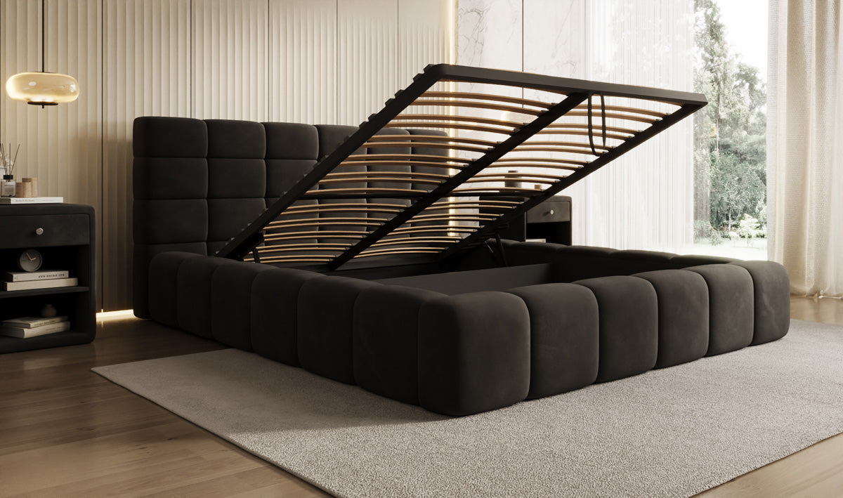 Designer Upholstered Bed Marshmallow in Velvet with Storage Space