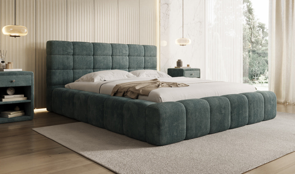 Designer upholstered bed Marshmallow in Corduroy with storage