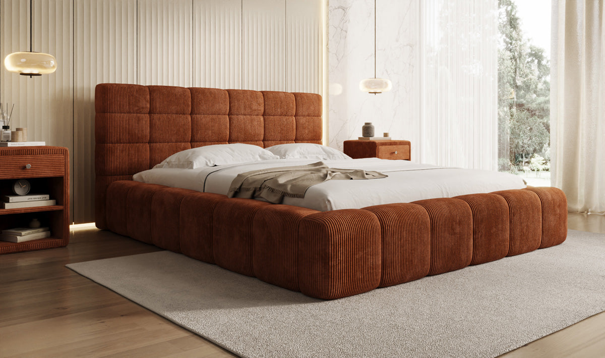 Designer upholstered bed Marshmallow in Corduroy with storage