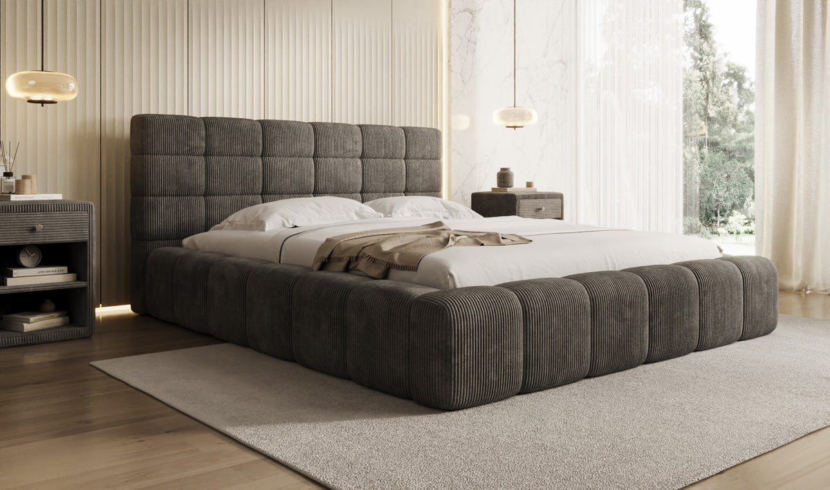 Designer upholstered bed Marshmallow in Corduroy with storage