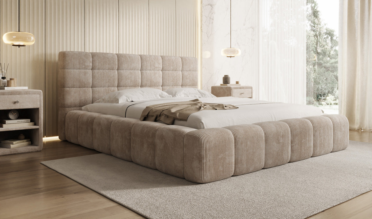 Designer upholstered bed Marshmallow in Corduroy with storage