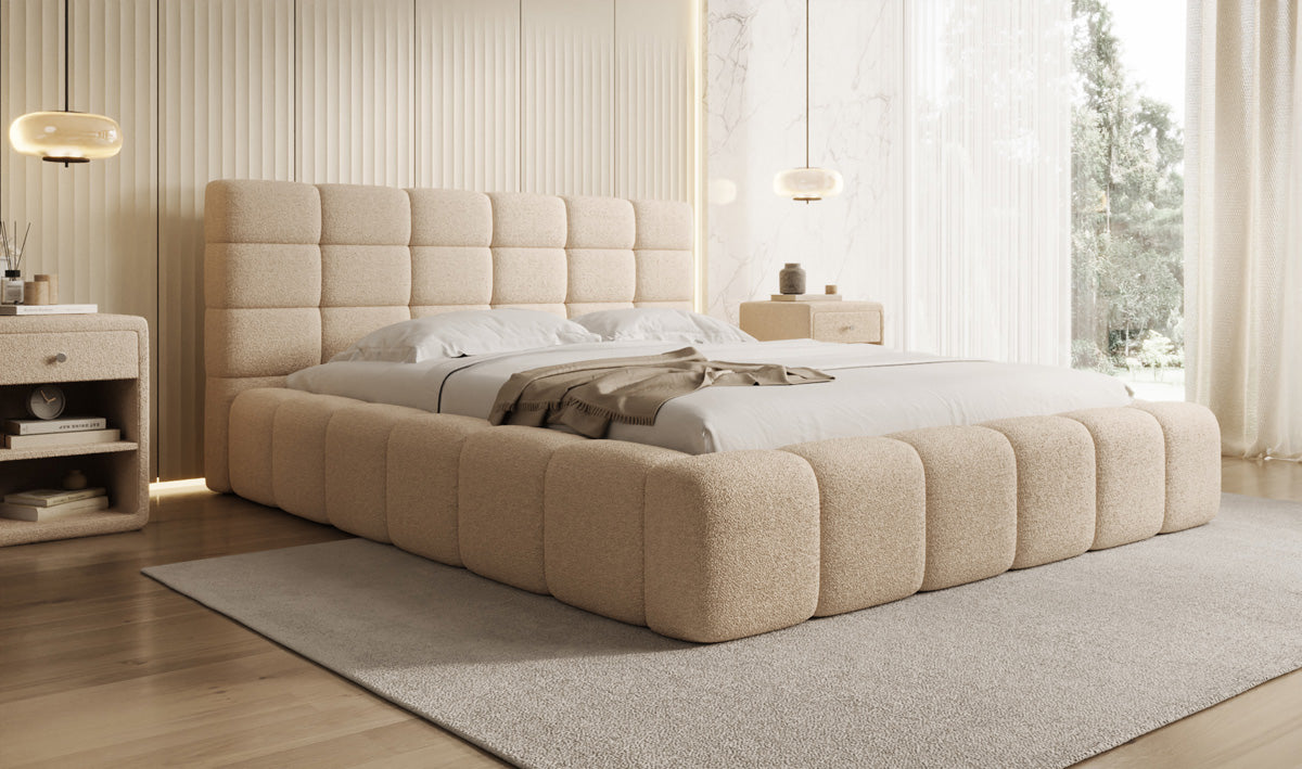 Designer Polsterbett Marshmallow in Teddy Bouclé mit Stauraum