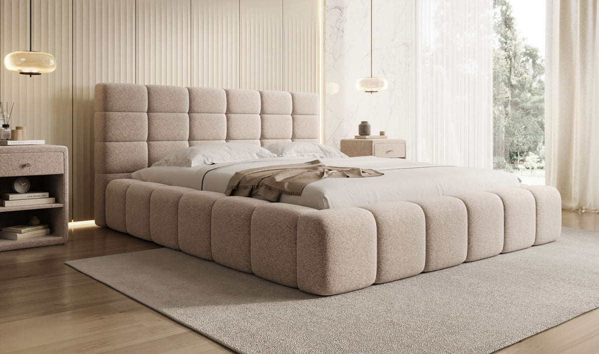 Designer upholstered bed Marshmallow in textured fabric with storage space