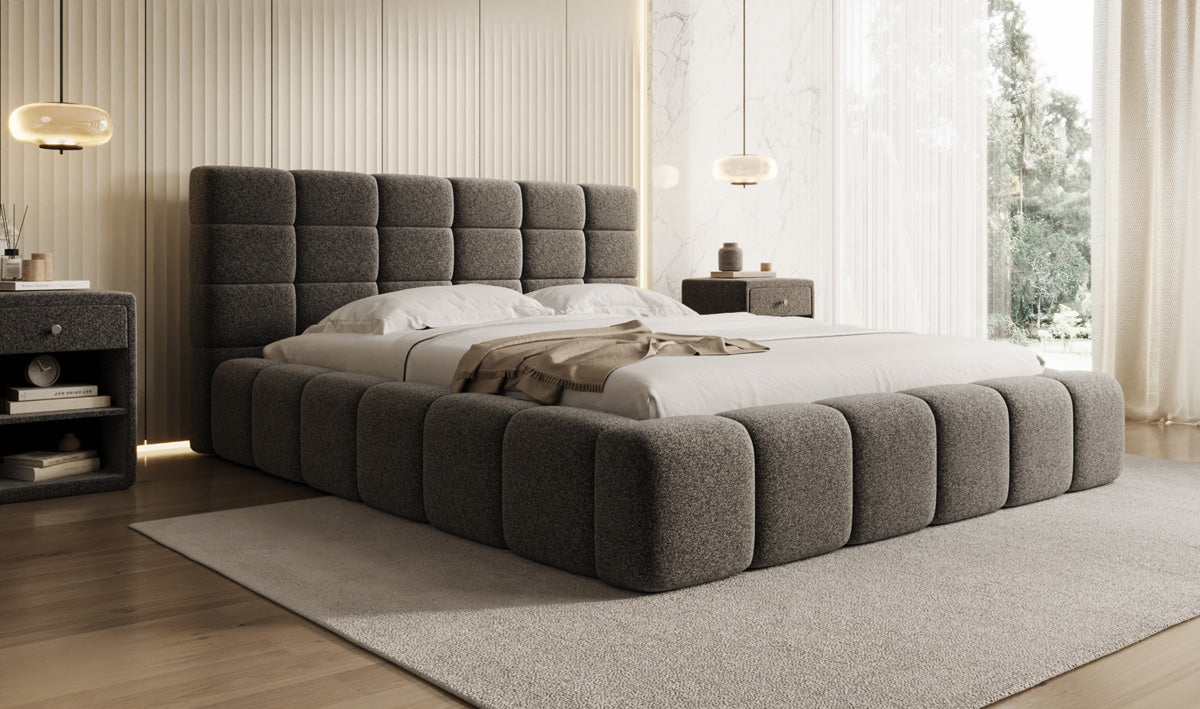 Designer upholstered bed Marshmallow in textured fabric with storage space