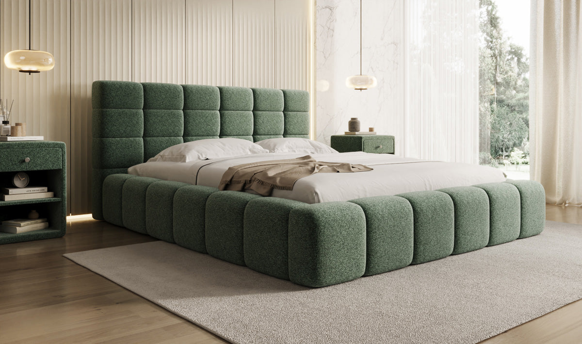 Designer upholstered bed Marshmallow in textured fabric with storage space