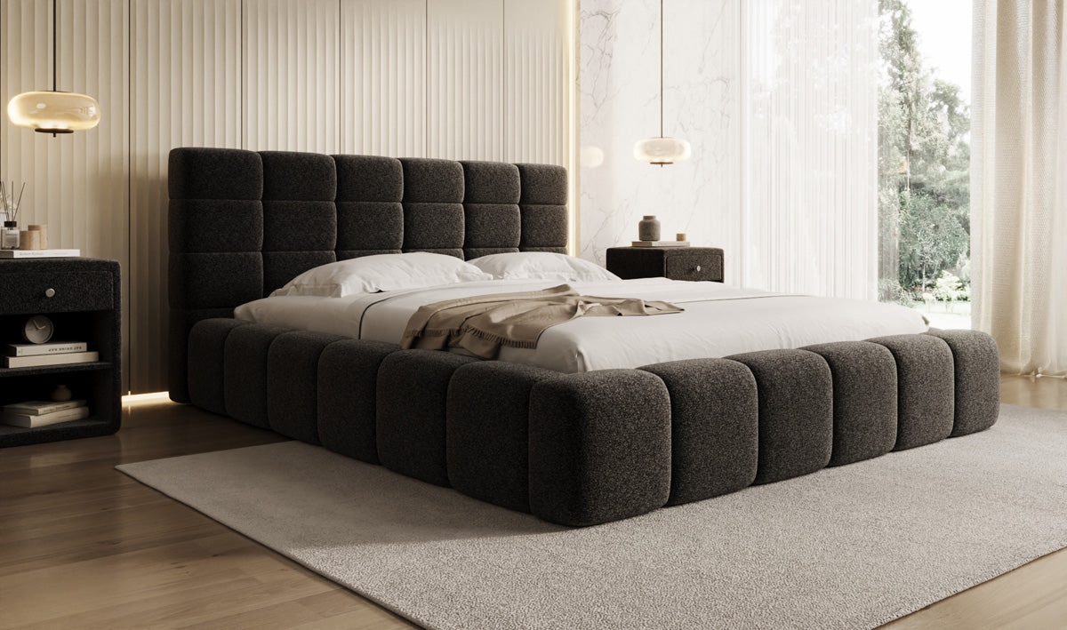 Designer upholstered bed Marshmallow in textured fabric with storage space