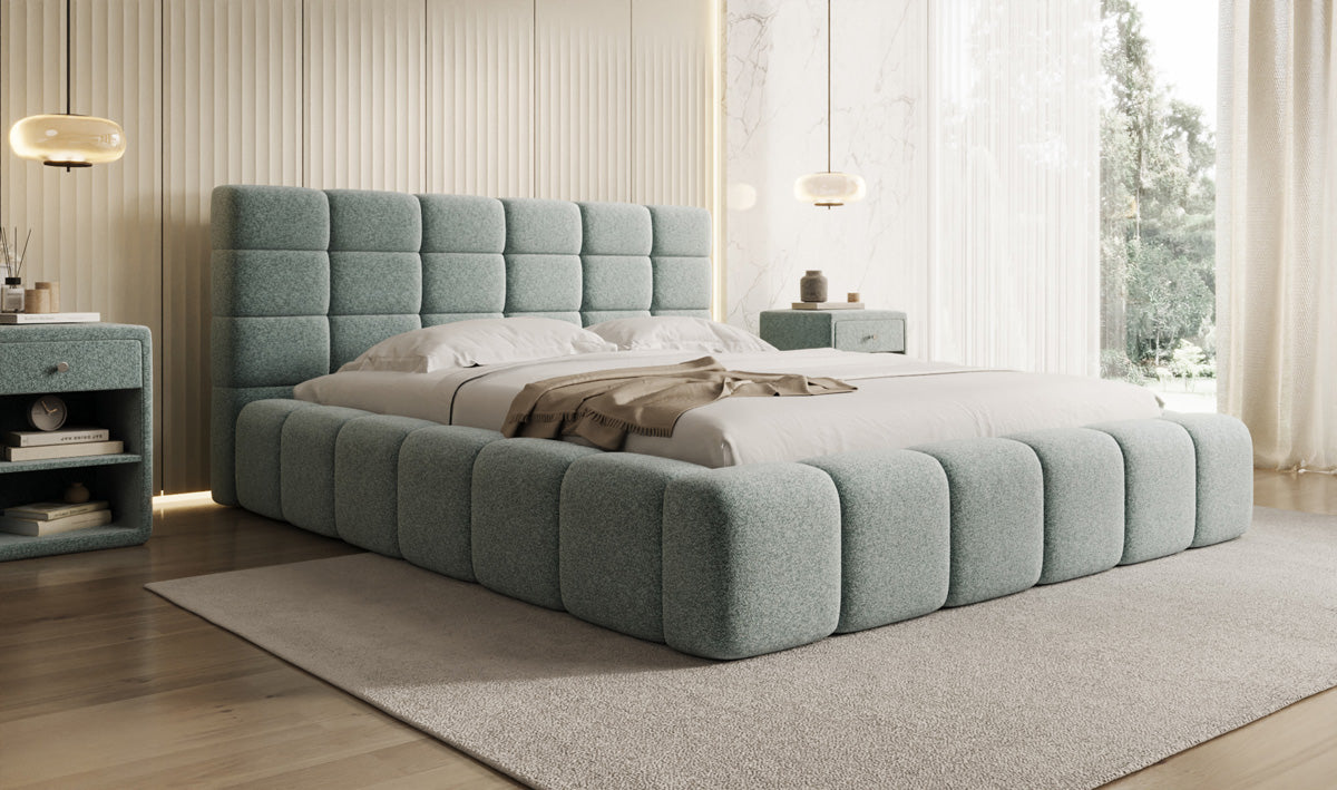 Designer upholstered bed Marshmallow in textured fabric with storage space