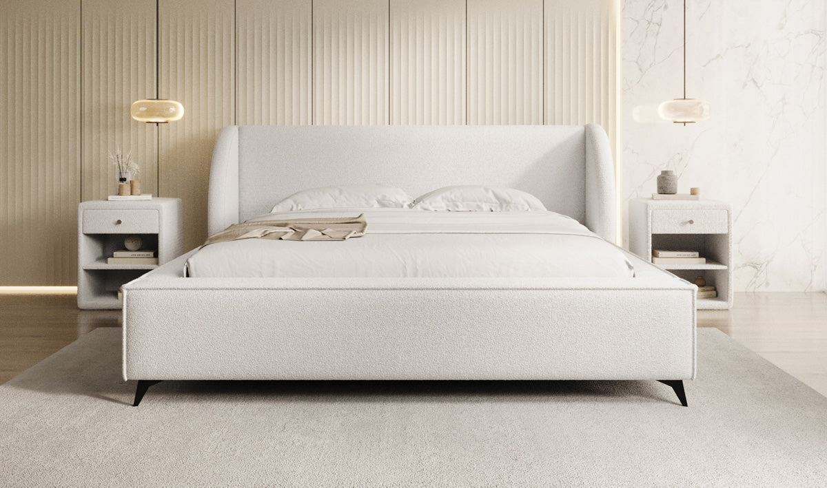 Designer upholstered bed Freya in teddy bouclé with storage