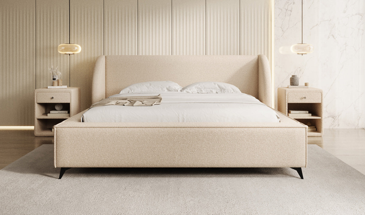 Designer upholstered bed Freya in teddy bouclé with storage