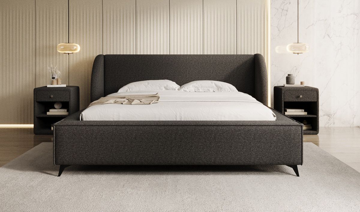 Designer upholstered bed Freya in teddy bouclé with storage