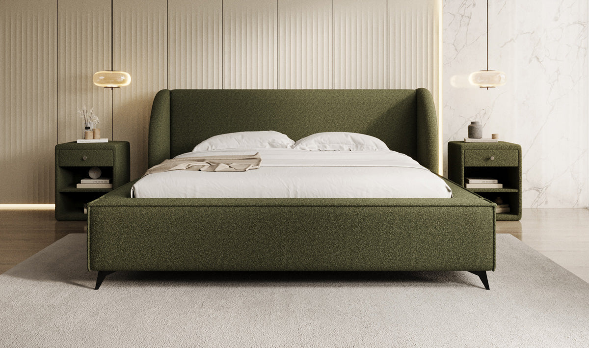 Designer upholstered bed Freya in teddy bouclé with storage