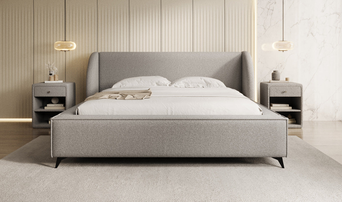 Designer upholstered bed Freya in teddy bouclé with storage
