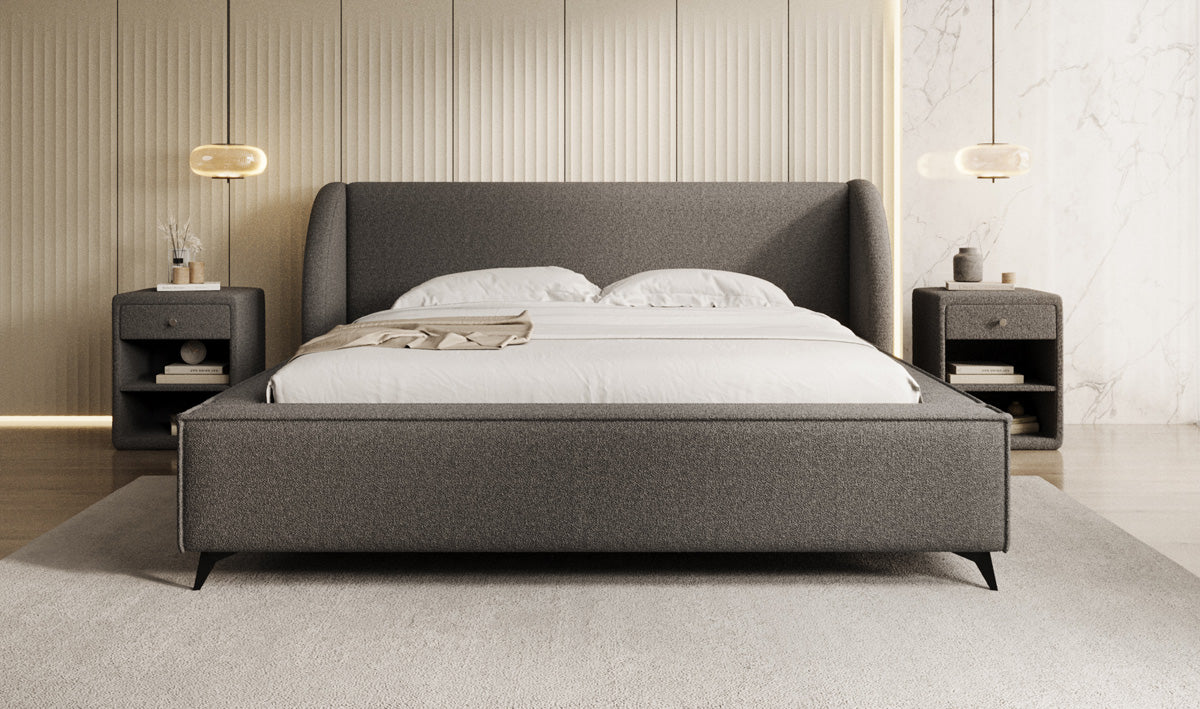 Designer upholstered bed Freya in teddy bouclé with storage