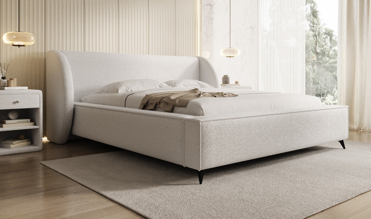 Designer upholstered bed Freya in teddy bouclé with storage