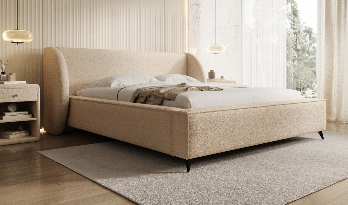 Designer upholstered bed Freya in teddy bouclé with storage