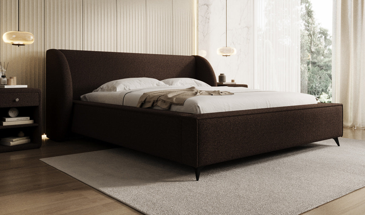 Designer upholstered bed Freya in teddy bouclé with storage
