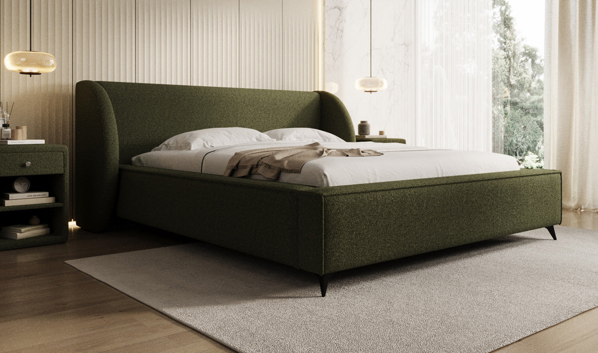Designer upholstered bed Freya in teddy bouclé with storage