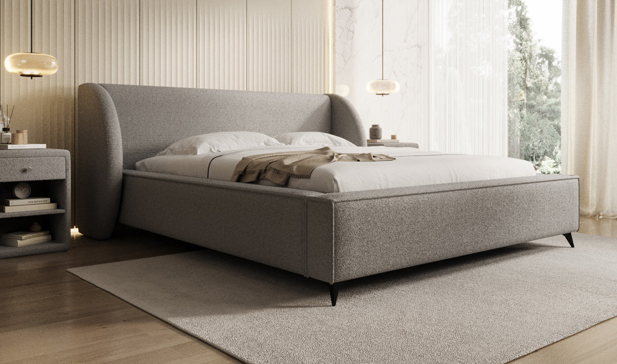 Designer upholstered bed Freya in teddy bouclé with storage