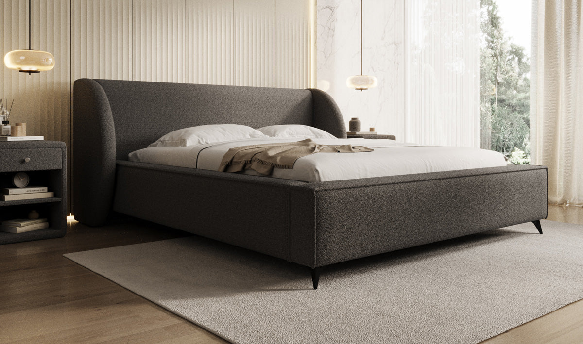 Designer upholstered bed Freya in teddy bouclé with storage