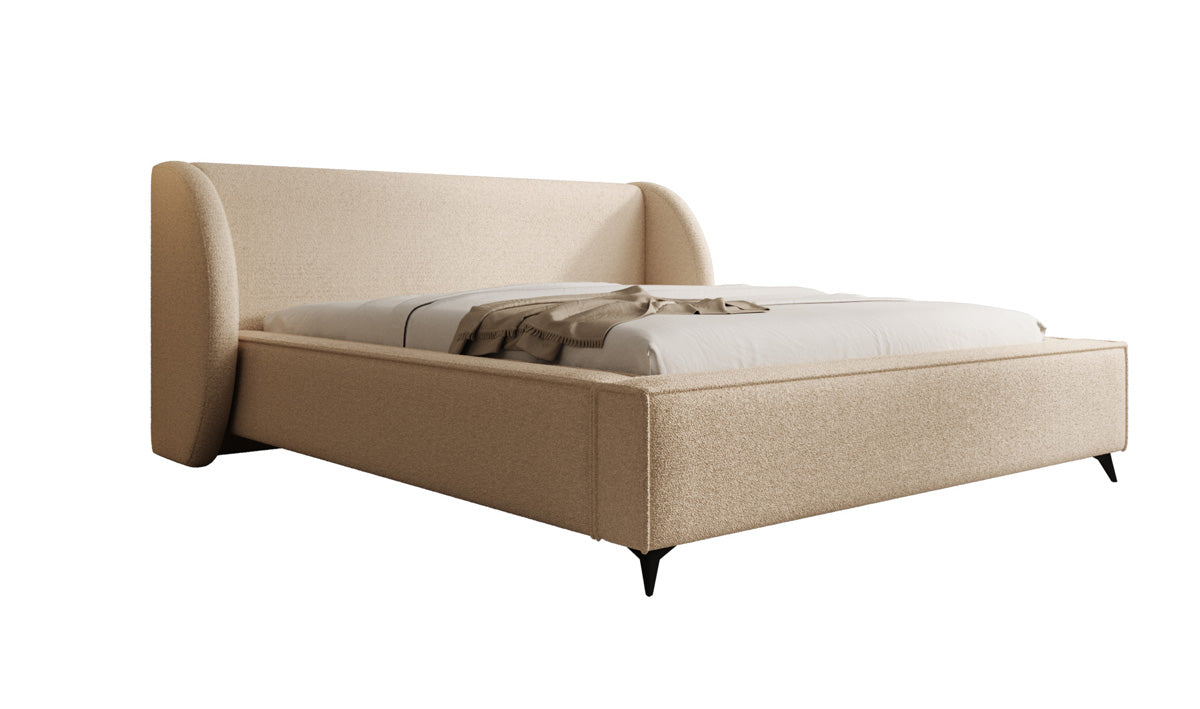 Designer upholstered bed Freya in teddy bouclé with storage