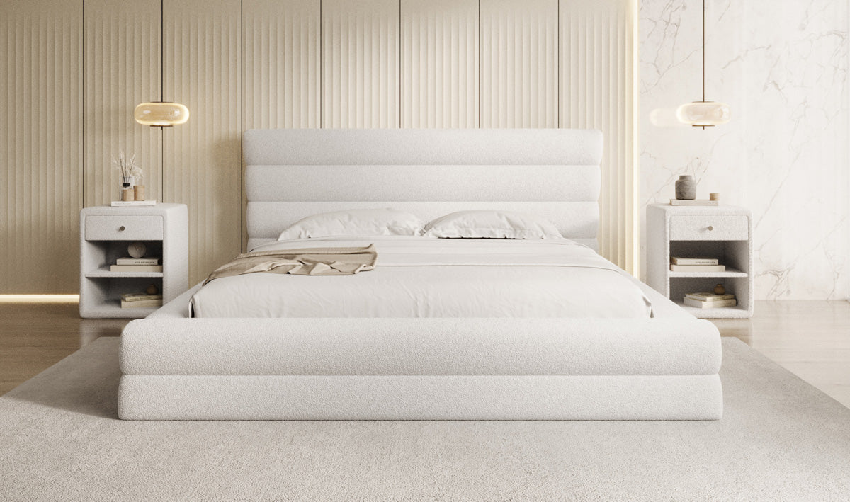 Designer upholstered bed Maren in teddy bouclé with storage