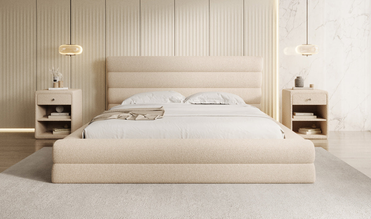 Designer upholstered bed Maren in teddy bouclé with storage