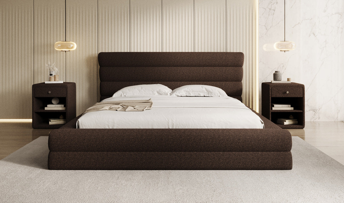 Designer upholstered bed Maren in teddy bouclé with storage
