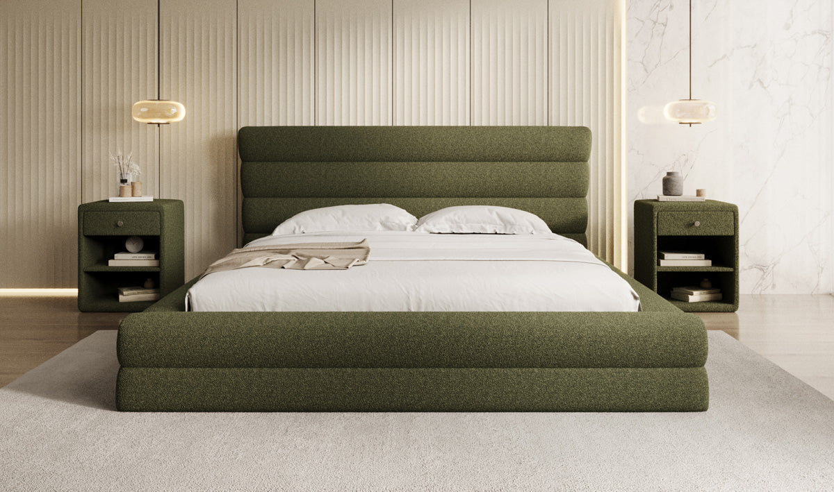 Designer upholstered bed Maren in teddy bouclé with storage