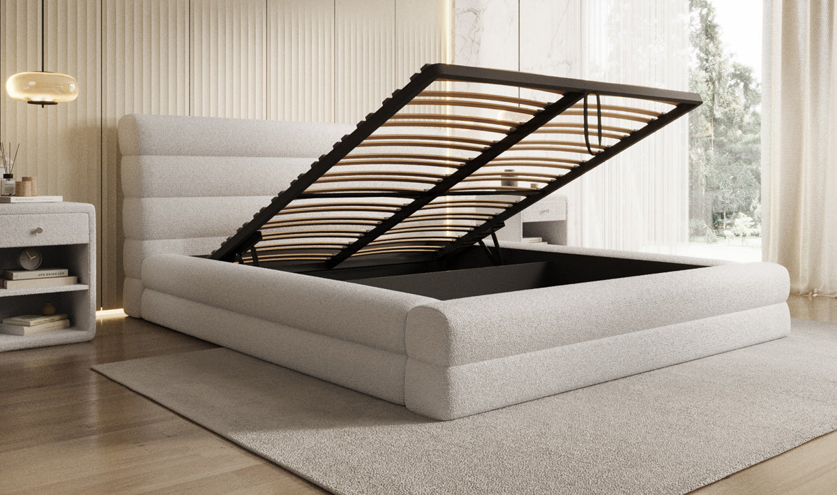 Designer upholstered bed Maren in teddy bouclé with storage