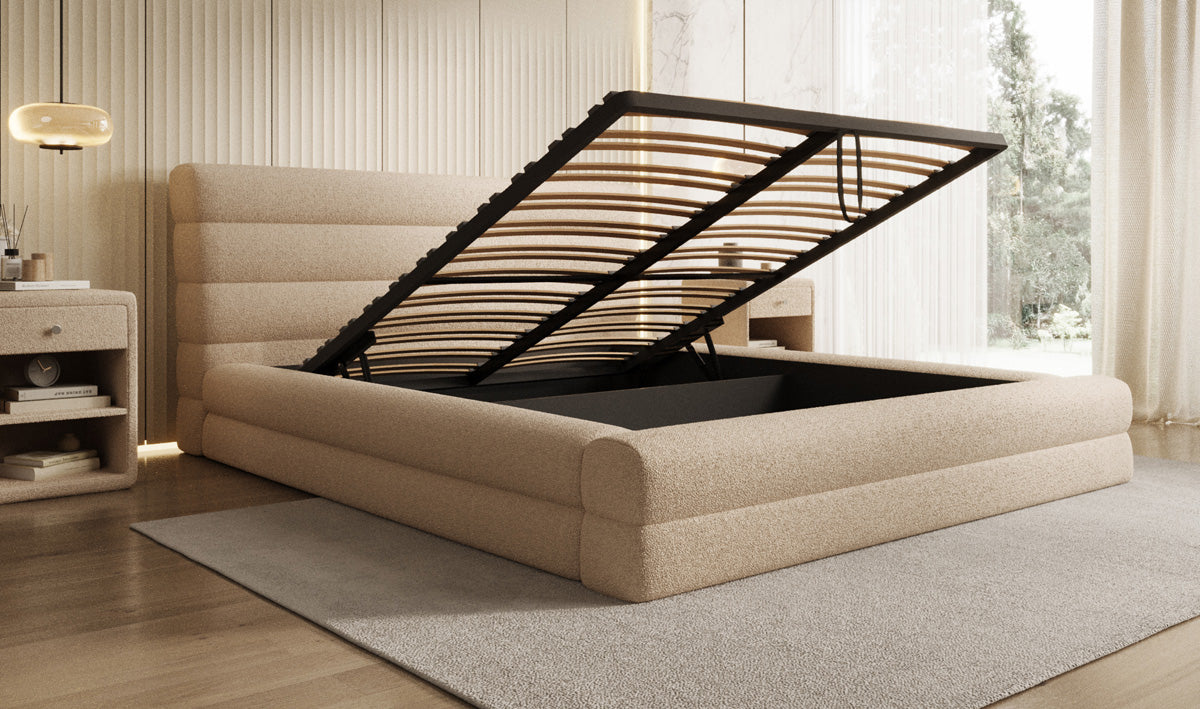Designer upholstered bed Maren in teddy bouclé with storage