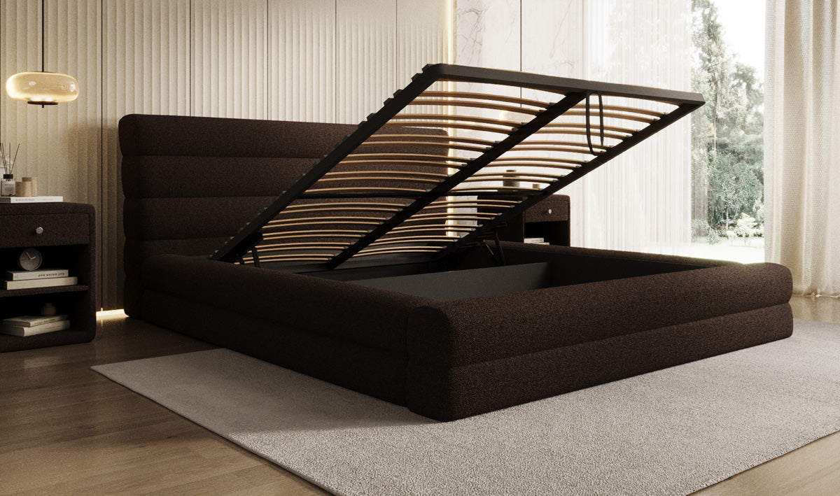 Designer upholstered bed Maren in teddy bouclé with storage