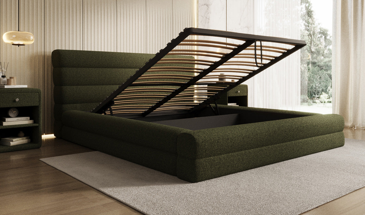 Designer upholstered bed Maren in teddy bouclé with storage