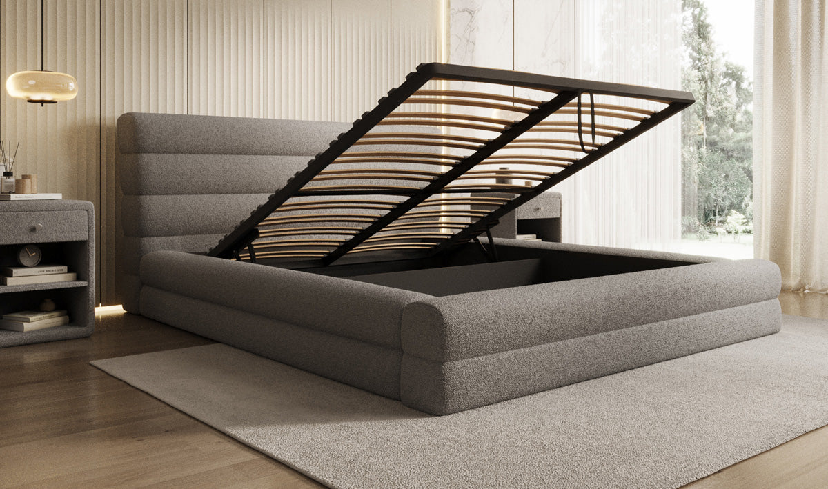 Designer upholstered bed Maren in teddy bouclé with storage