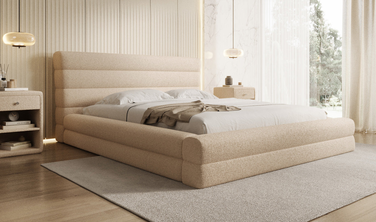 Designer upholstered bed Maren in teddy bouclé with storage