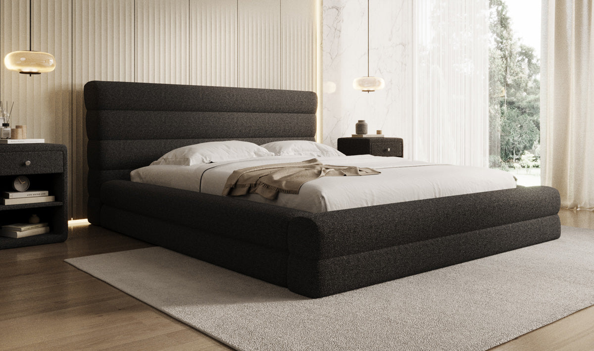 Designer upholstered bed Maren in teddy bouclé with storage