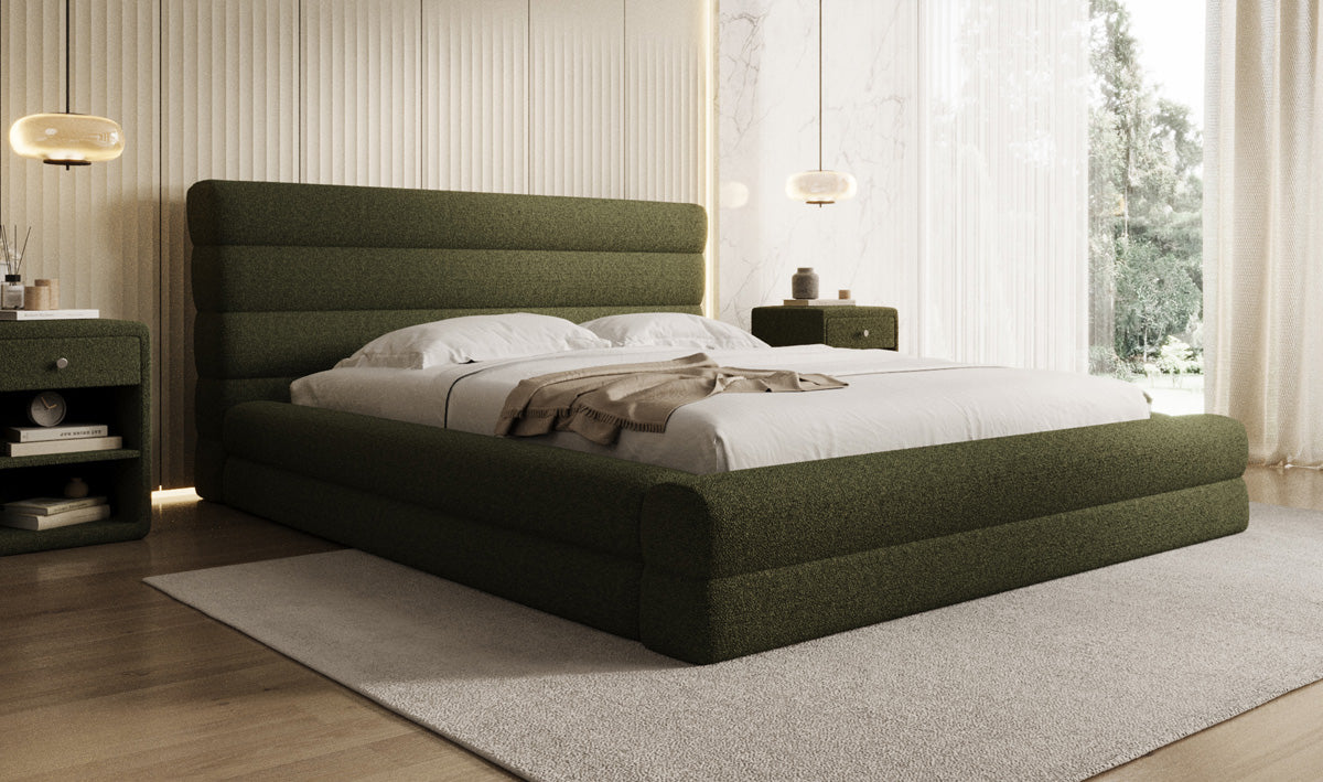 Designer upholstered bed Maren in teddy bouclé with storage