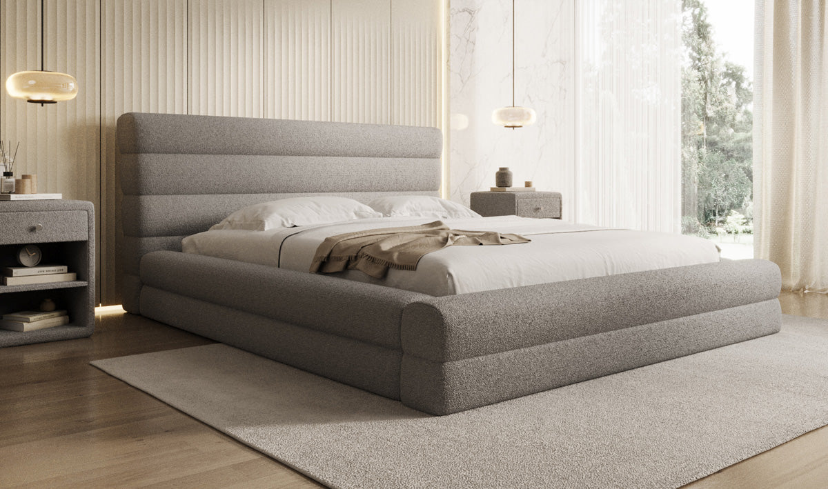 Designer upholstered bed Maren in teddy bouclé with storage