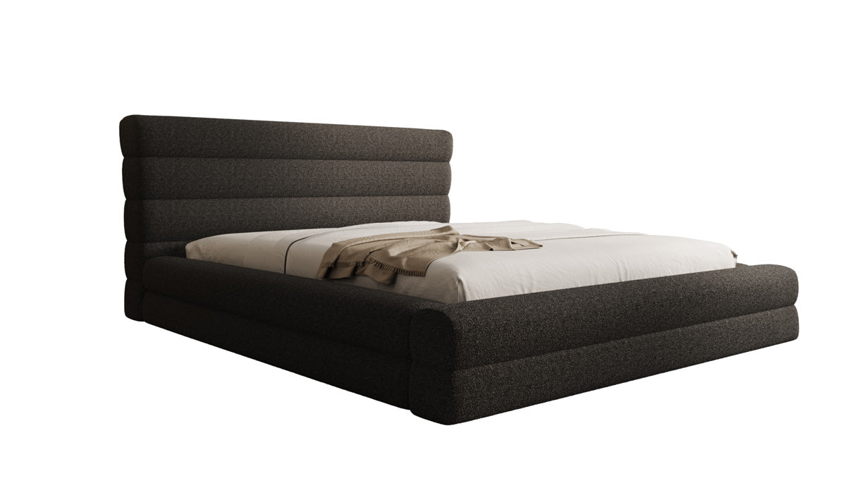 Designer upholstered bed Maren in teddy bouclé with storage