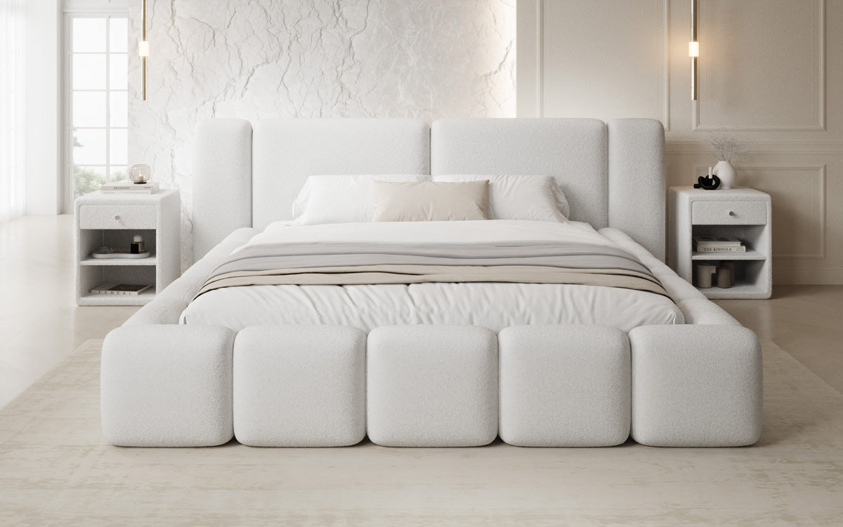 Designer upholstered bed Bianca in teddy bouclé with storage