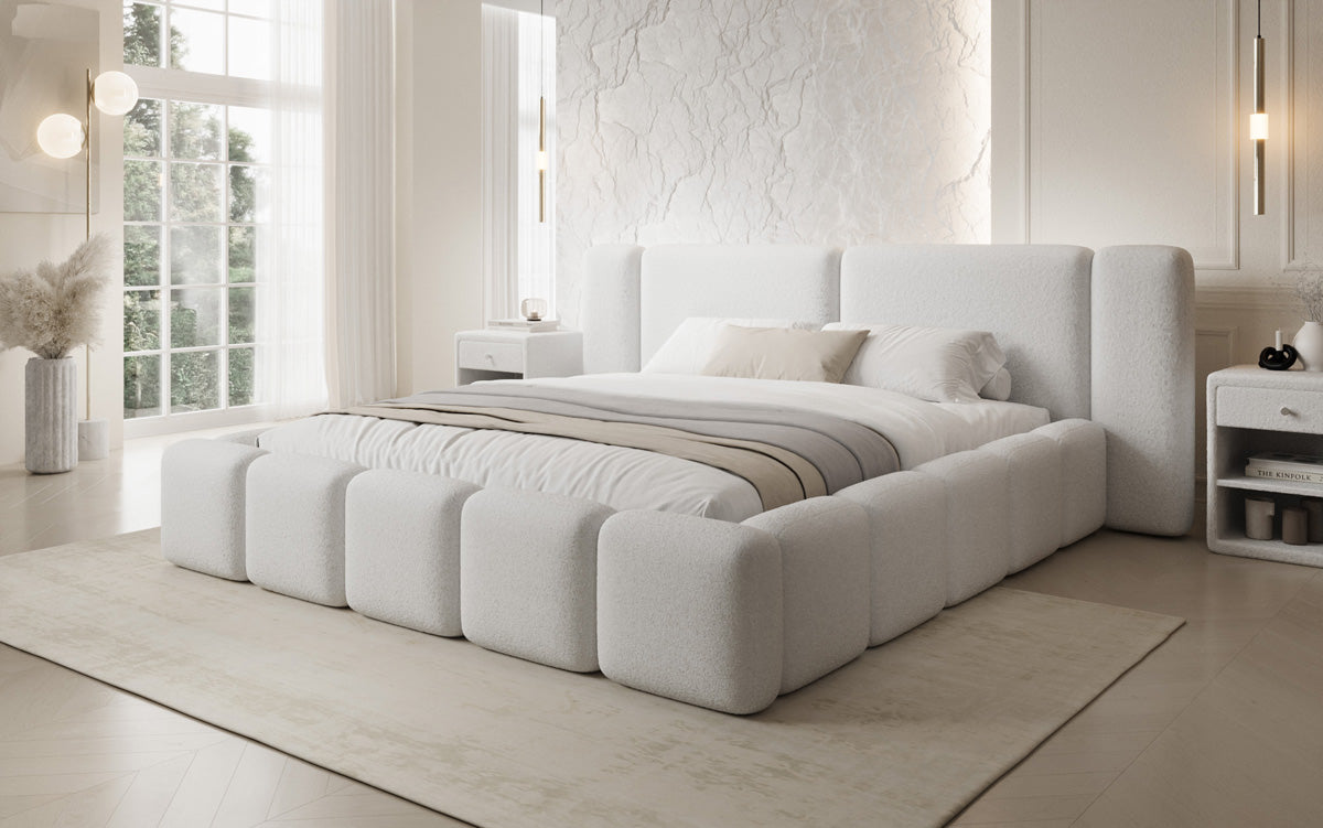 Designer upholstered bed Bianca in teddy bouclé with storage