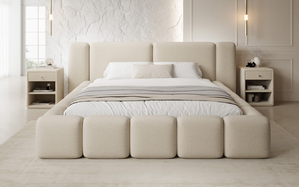 Designer upholstered bed Bianca in teddy bouclé with storage