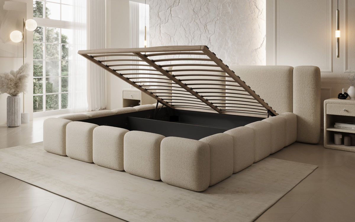 Designer upholstered bed Bianca in teddy bouclé with storage