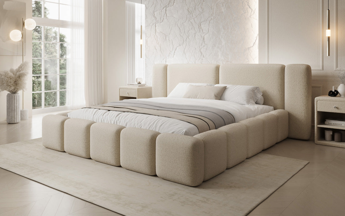 Designer upholstered bed Bianca in teddy bouclé with storage