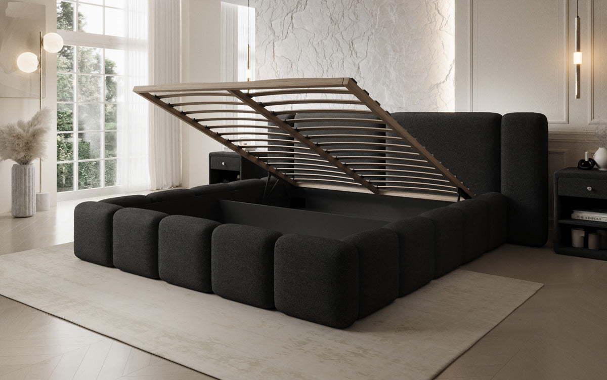 Designer upholstered bed Bianca in teddy bouclé with storage